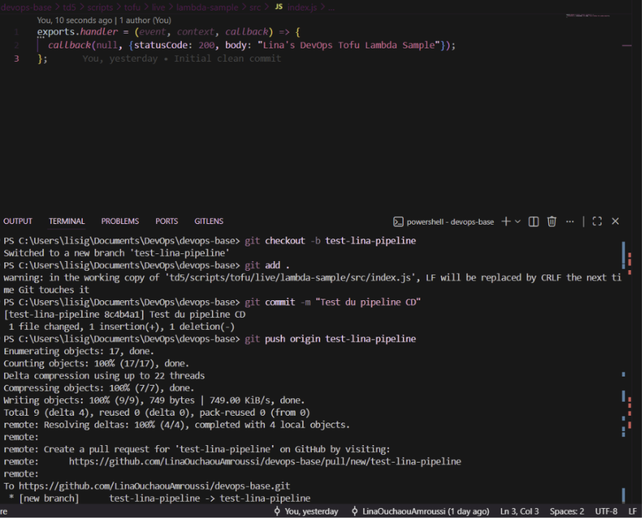Création de la branche et interface de comparaison GitHub montrant le changement de code dans src/index.js.