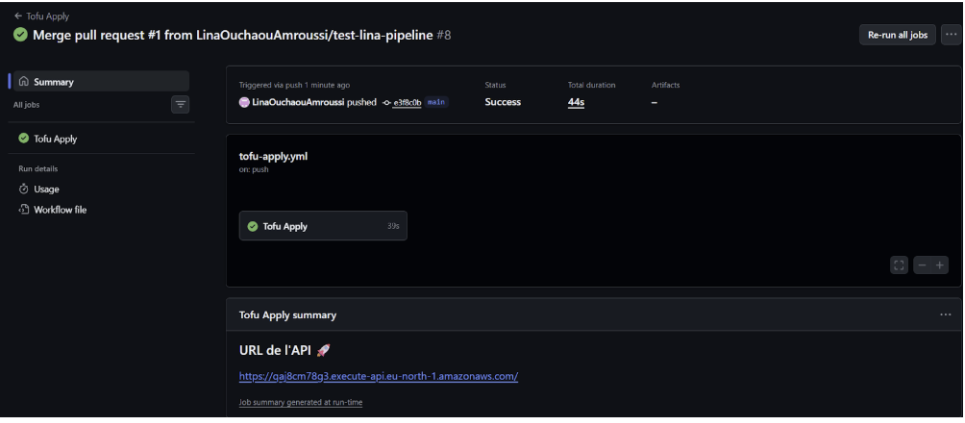 Résumé GitHub montrant le succès du workflow Tofu Apply après le merge de la PR.