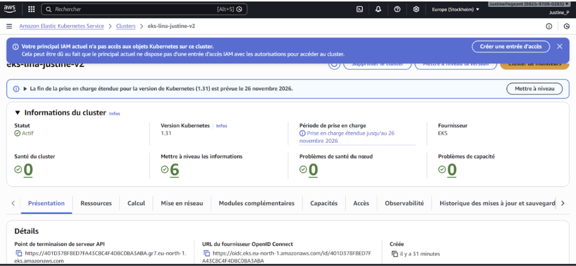 Figure 2 : Console AWS EKS montrant le cluster eks-lina-justine-v2 en statut "Actif"