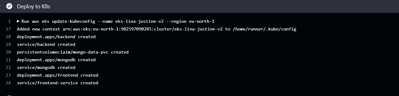 Figure 4 Détail du job "Deploy to Kubernetes" avec les lignes : 