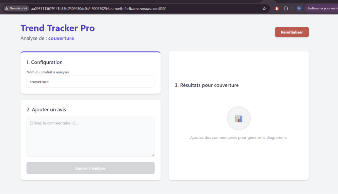 Figure 5 : Page d'accueil de Trend Tracker Pro affichée dans le navigateur, avec l'URL du Load Balancer visible dans la barre d'adresse