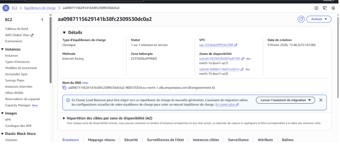 Figure 6: Console AWS EC2 → Load Balancers, montrant le Load Balancer "aa0987115629141b38fc2309530dc0a2" avec le statut "1 sur 1 instance en service"